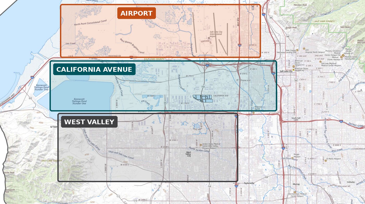Map of west Salt Lake County with three highlighted industrial corridors: Airport north of I-80, California Avenue between I-80 and SR-201, and West Valley south of SR-201